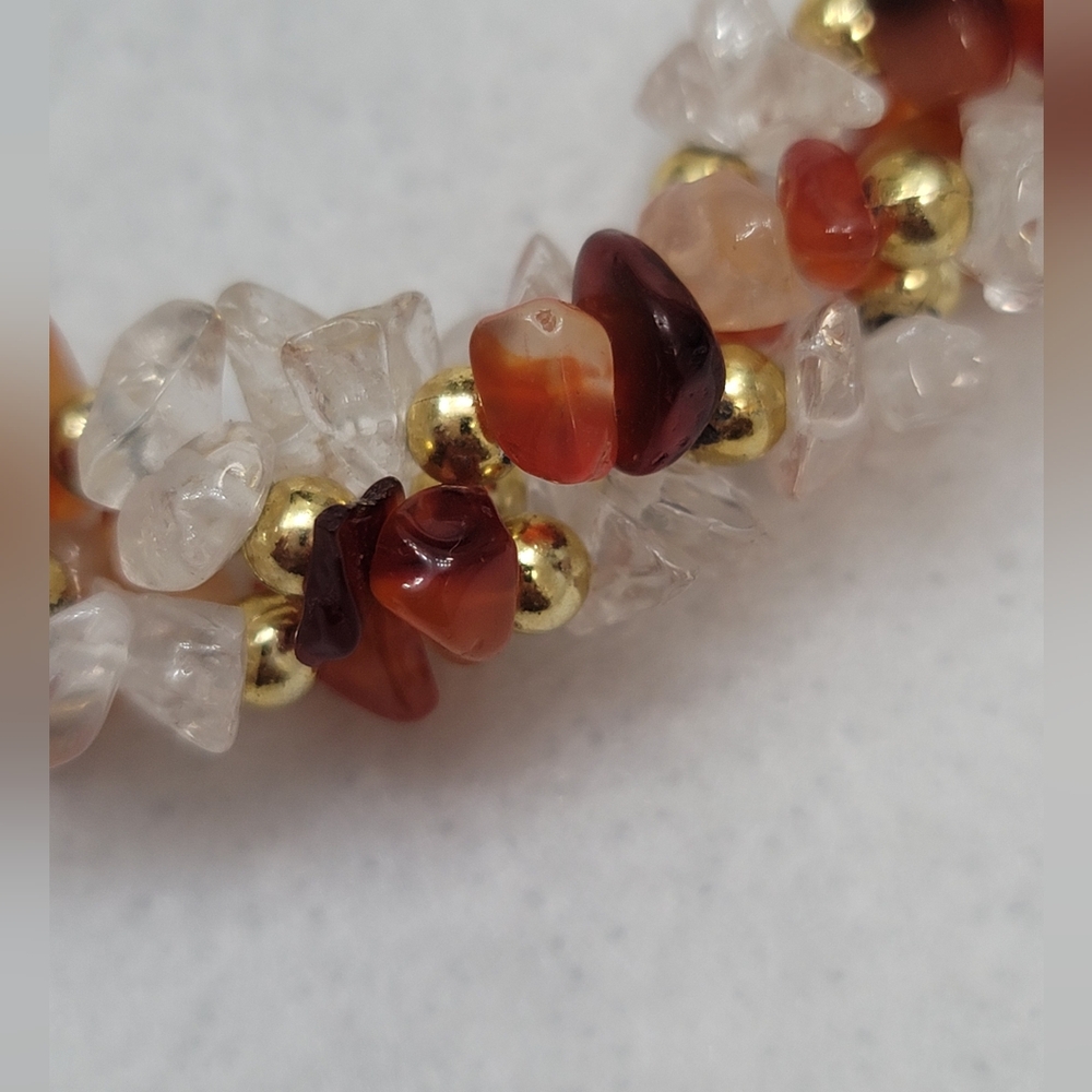 Vintage Carnelian, Quartz & Black Seed Bead Necklace with Goldtone Accents